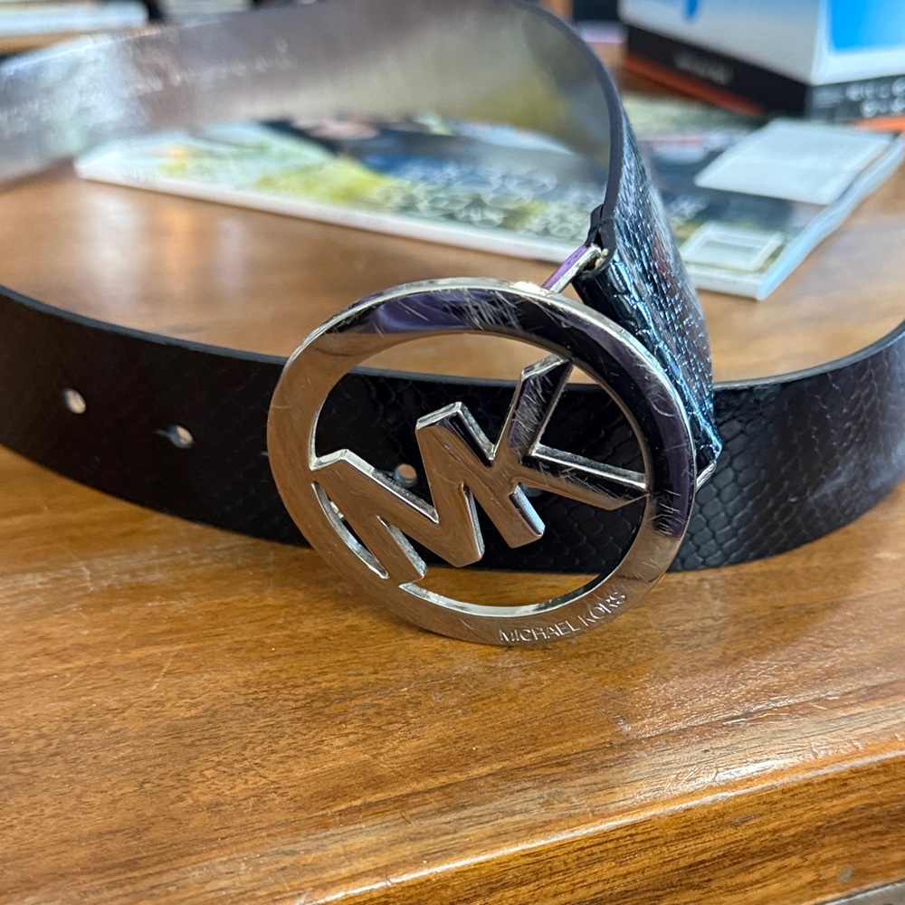 Michael Kors Black Belt with Silver MK Logo Buckle
